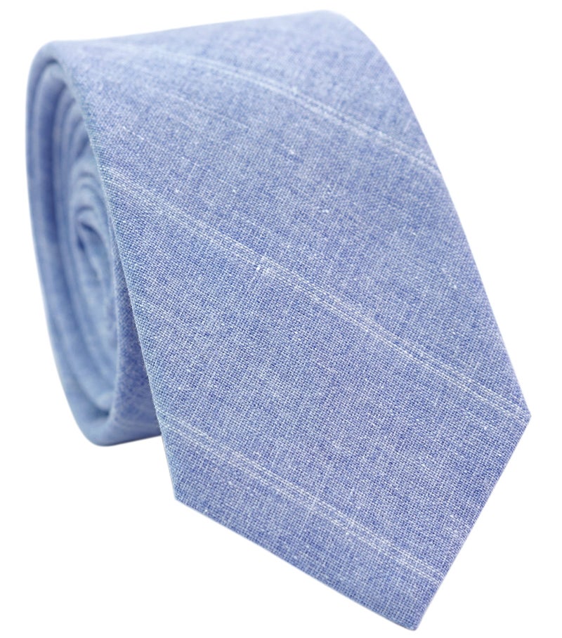 BELLUNO 2.5 inch Skinny Tie for Men, Cotton Linen Slim Neckties Light Blue Striped - Image 1